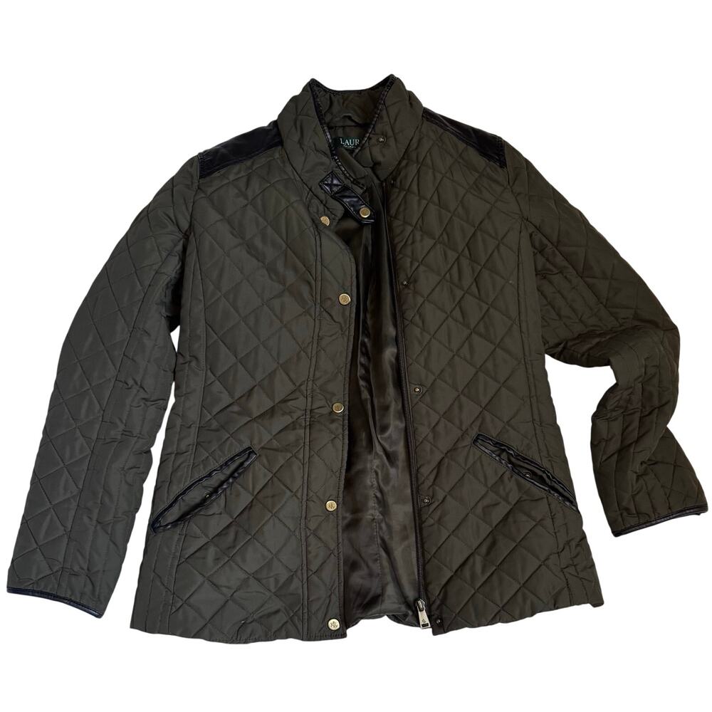 Ralph Lauren Women's XS Quilted Olive Green Snap Barn Jacket Faux Leather Trim